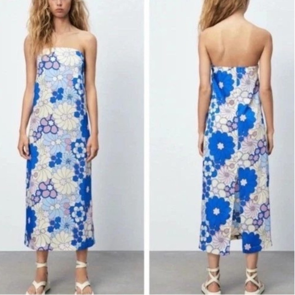 Zara Blue Floral‎ Strapless Midi Dress Retro 70s Style Column Dress Large